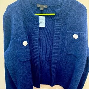 Ann Taylor Jeweled Button Pocket Sweater Jacket Deep Ocean Blue Size LP